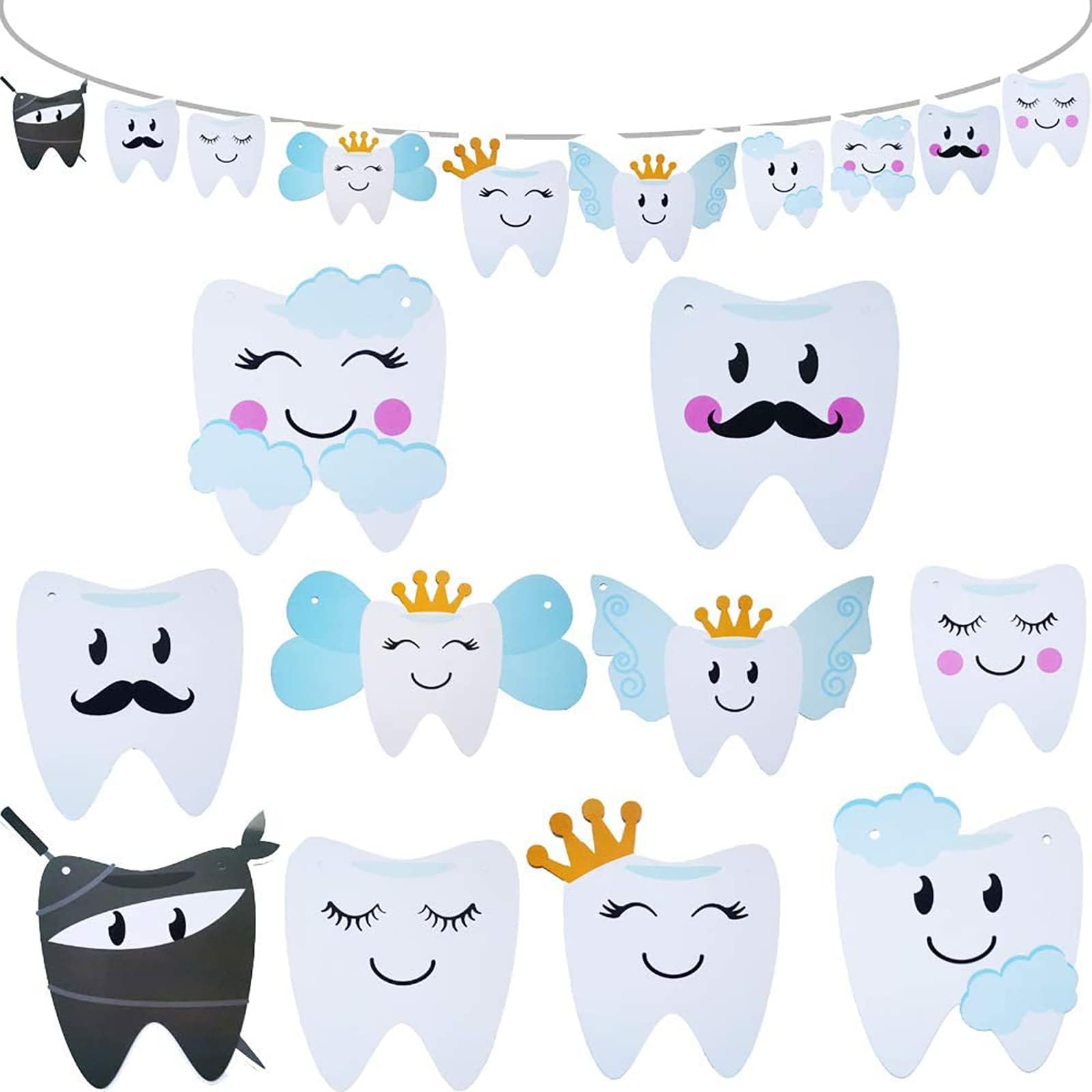 Aduck First Tooth Party Garland Banner, Baby Boys and Girls 1st Birthday Decorations with 10 Smiling Tooth Angels for Tooth Fairy Theme, Dental Clinics, Kids Dentist Party, Classroom, Graduation Decor