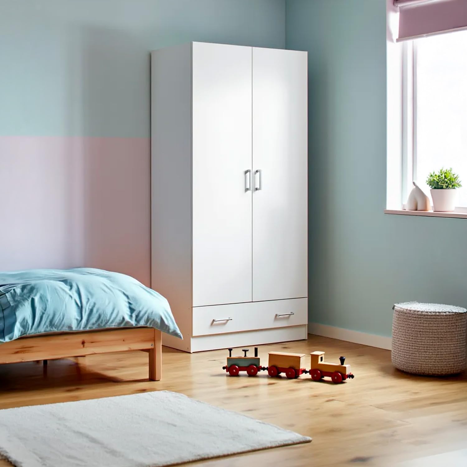 Arreditaly Armadio Con 2 Ante E 1 Cassetto Multiuso Armadietto Design Moderno Salvaspazio Con Ripiani Interni E Vano Contenitore Ideale Per Camera Da Letto o Ingresso 79.4 x 35.7 x 170.4 Cm (Bianco)