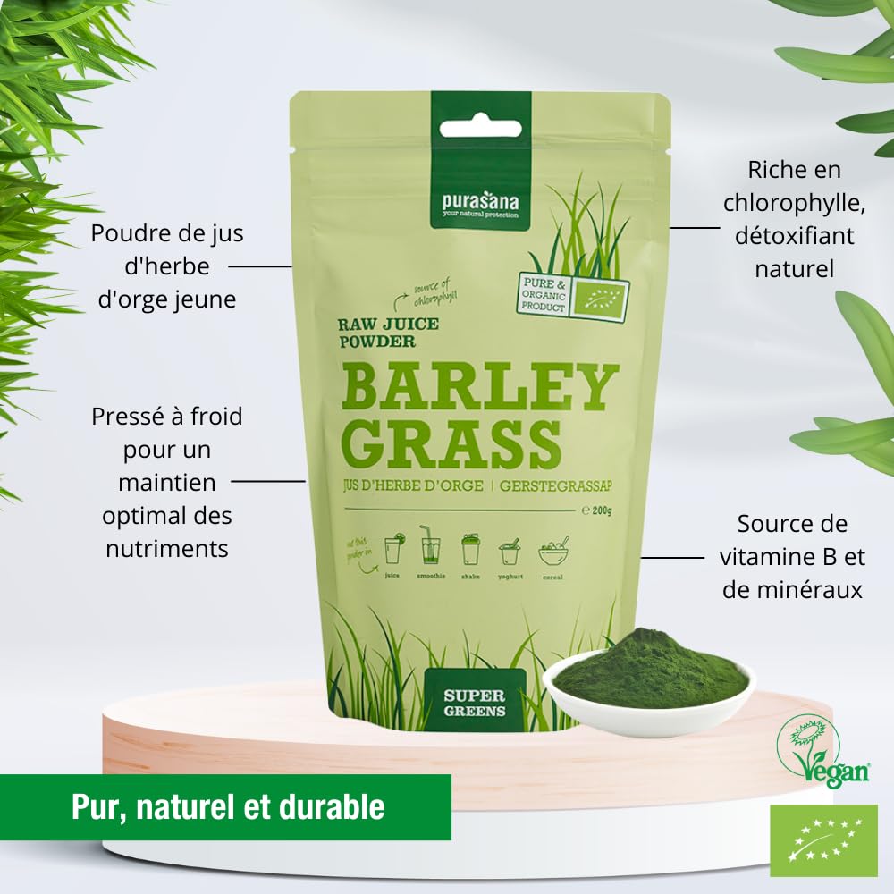 Purasana® Poudre de Jus d'Herbe d'Orge Bio - 200g, Superaliment Végétal pour Boissons et Smoothies, Source de Nutriments Essentiels, Vegan & Certifié Bio