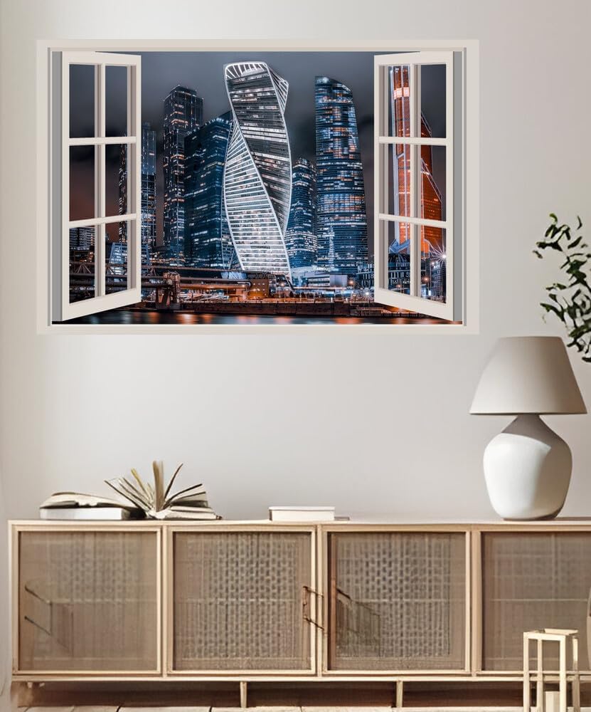 JVERF - JZZA07864 Moscow Russia Skyscrapers Houses Moscow City Night| Self-Adhesive Open Window Wall Sticker