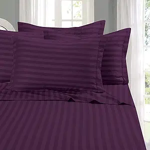 Elegant Comfort Softest and Coziest 4-Piece Sheet Set - 1500 Premium Hotel Quality Microfiber - Luxurious Wrinkle Resistant 4-Piece Damask Stripe Bed Sheet Set, Twin, Eggplant/Purple