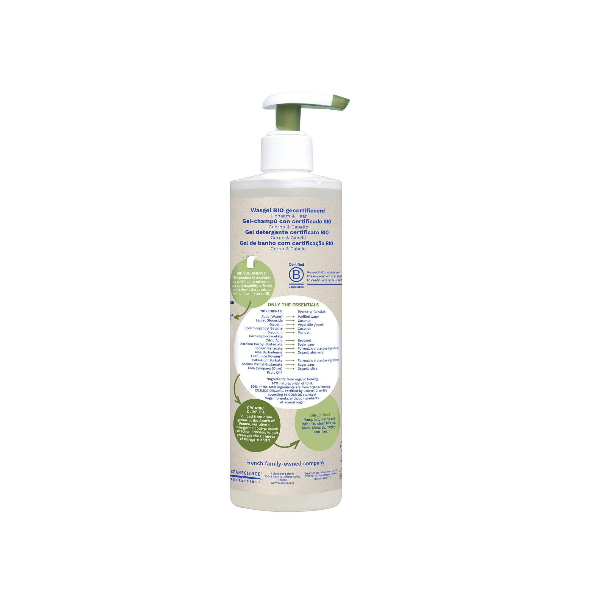 Mustela Gel Detergente Bio Vegano Con Olio di Oliva, Aloe Vera e Glicerina, Corpo e Capelli, Neonati, Tutta la Famiglia - Detersione Delicata Senza Seccare, 99% Ingredienti di Origine Naturale (400ml)