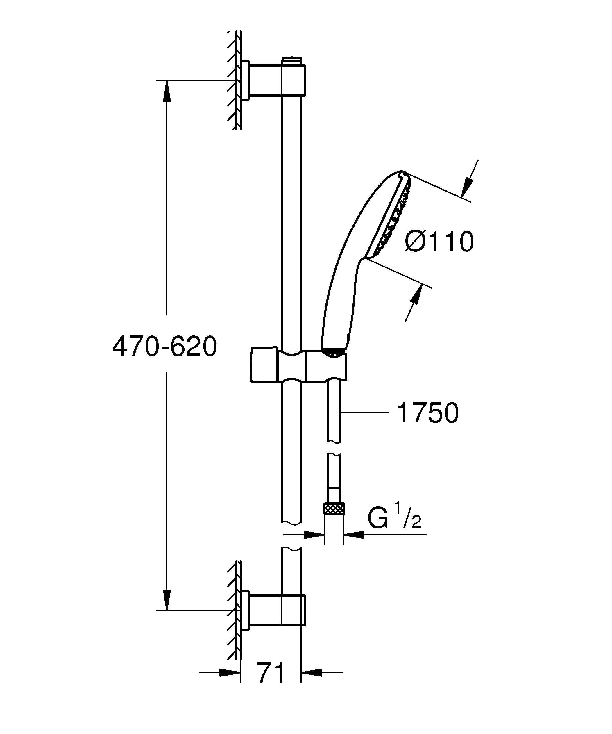 Grohe Vitalio 27942001 zestaw drążków prysznicowych 110, oszczędność wody ~ 9 l/min (1 rodzaj strumienia, klejenie lub wiercenie), okrągły, chrom, drążek prysznicowy 60 cm