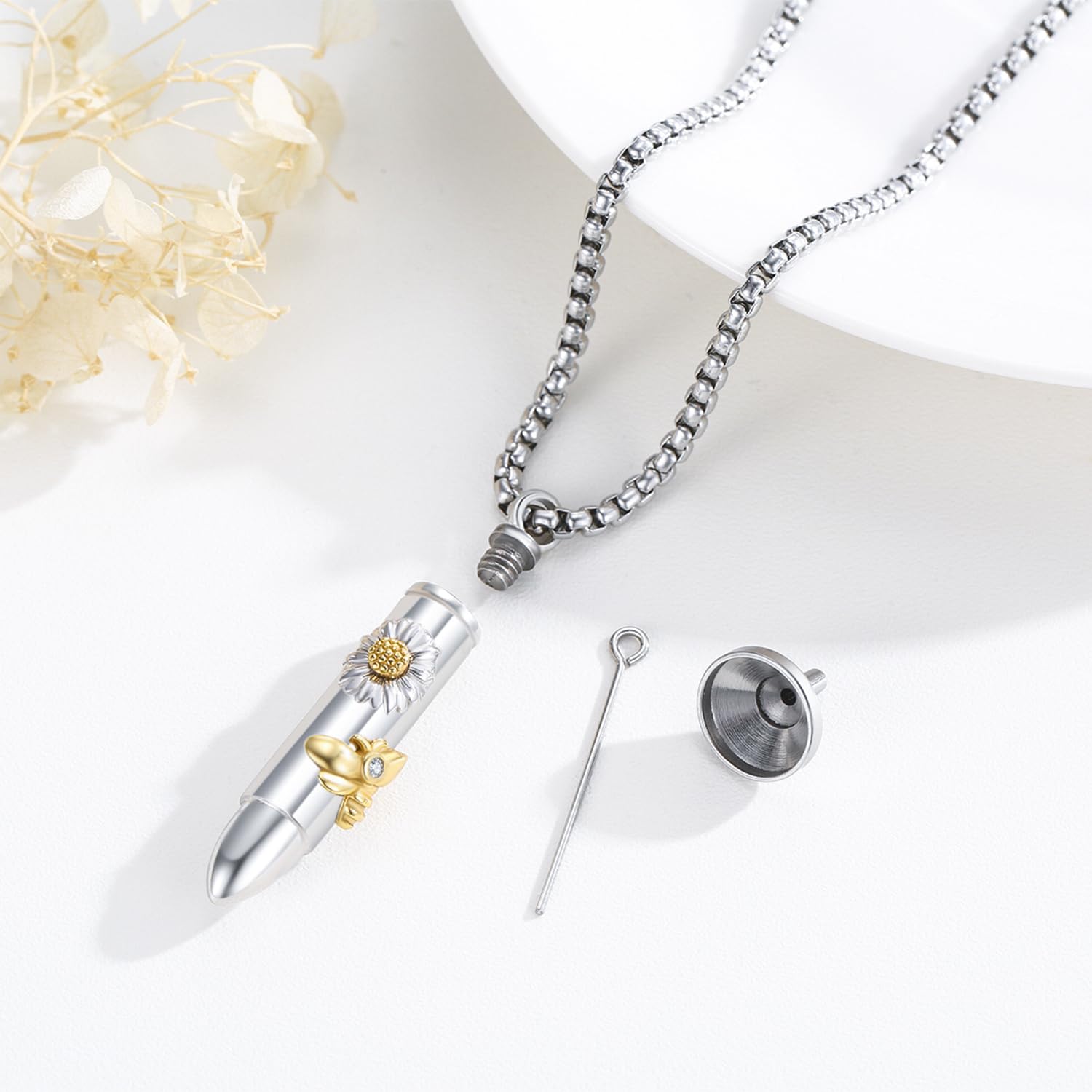 Collana con ciondolo a forma di proiettile per ceneri di cremazione, in argento Sterling 925, con ciondolo a forma di ape e margherita, regalo commemorativo