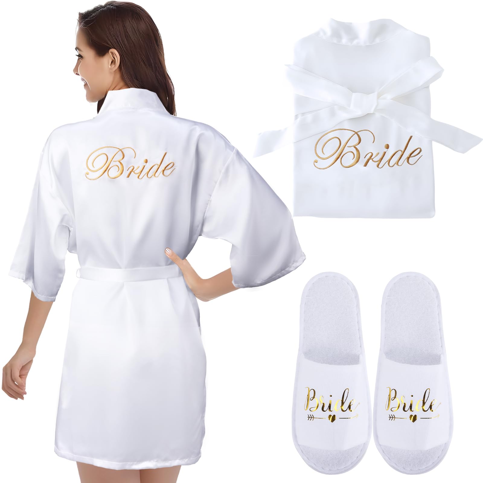 Kogmaworn Bride Robe Bride Gown White Brides Robe Set with Bride Slippers Satin Robes for Women UK Wedding Party
