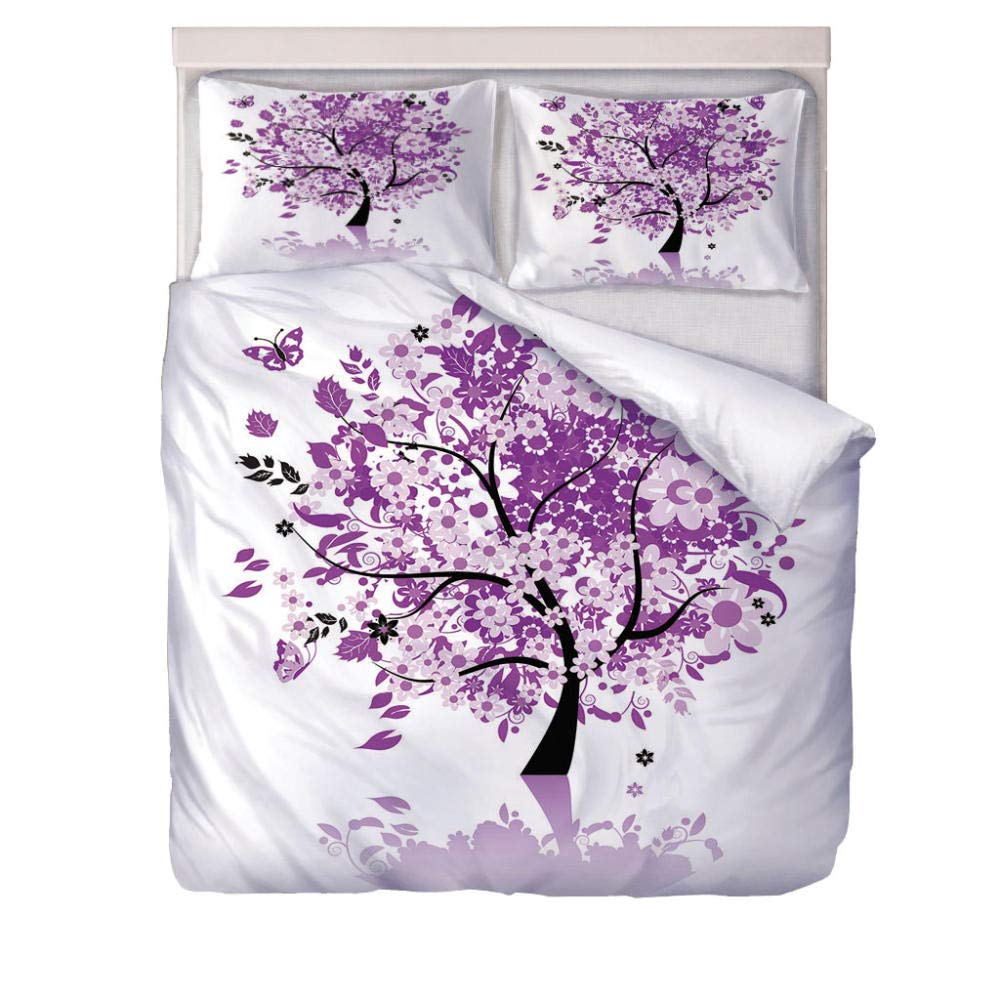 Housse de Couette 260x240cm Arbre Violet Parure de Lit en Microfibre 2 Personnes avec Fermeture Éclair, Sets de Housse de Couette Imprimé avec 2 Taies d'oreiller 50x75cm