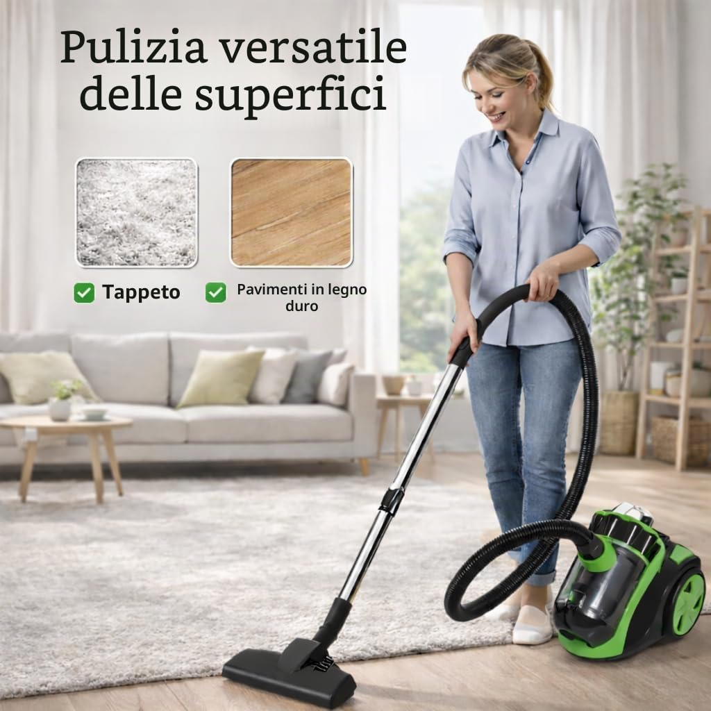 Herrselsam Aspirapolvere senza sacchetto, aspirapolvere silenzioso, forte potenza di aspirazione, aspirapolvere con 3 ventose, bocchetta per pavimento, cavo lungo, filtro igienico per parquet,