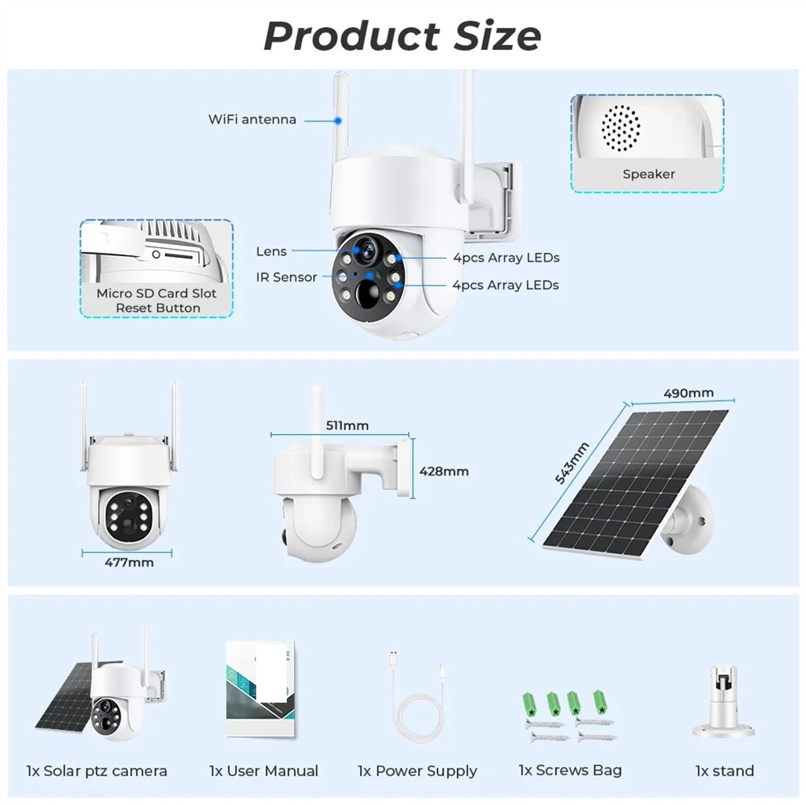 Caméra de sécurité, Caméra Solaire sans Fil HD 8MP caméra extérieure PTZ IP Batterie intégrée de Surveillance vidéo Longue durée Veille(4MP 2K)