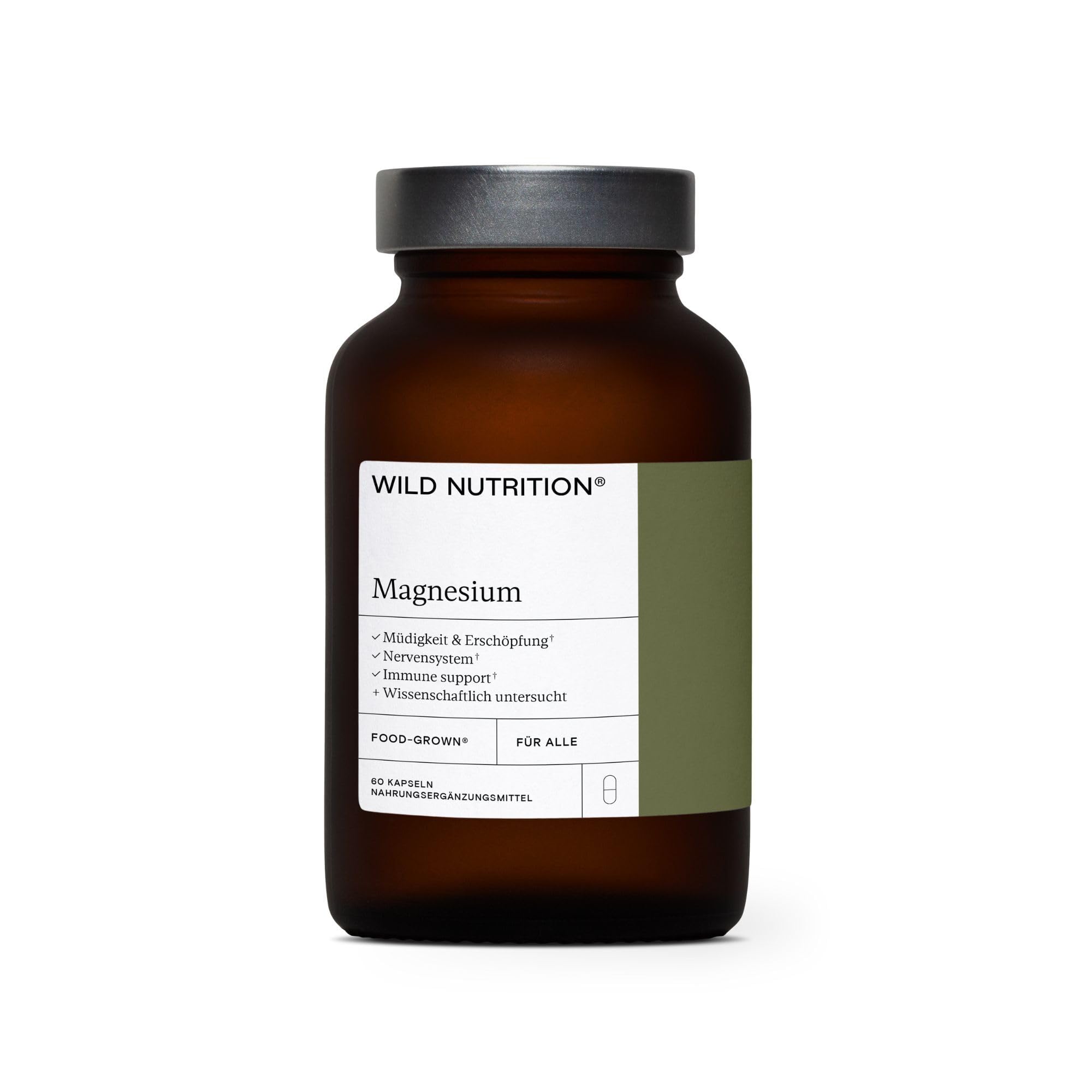 WILD NUTRITION Food-Grown® Magnesium-Nahrungsergänzungsmittel | Reine Magnesiumtabletten für Schlaf und Muskelerholung | Magnesiumpräparate | 60 Kaps