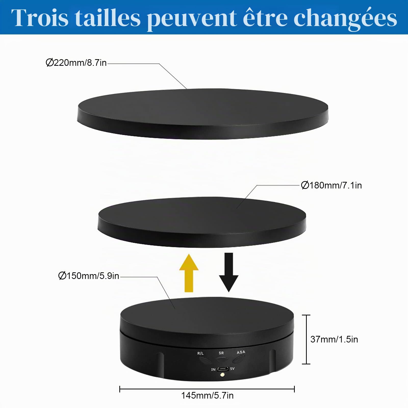 Plateau tournant électrique 3 en 1, support à 360 degrés, plateau tournant motorisé avec télécommande pour photographie, présentation de produits, bijoux, modèles 3D, objets de collection (noir)