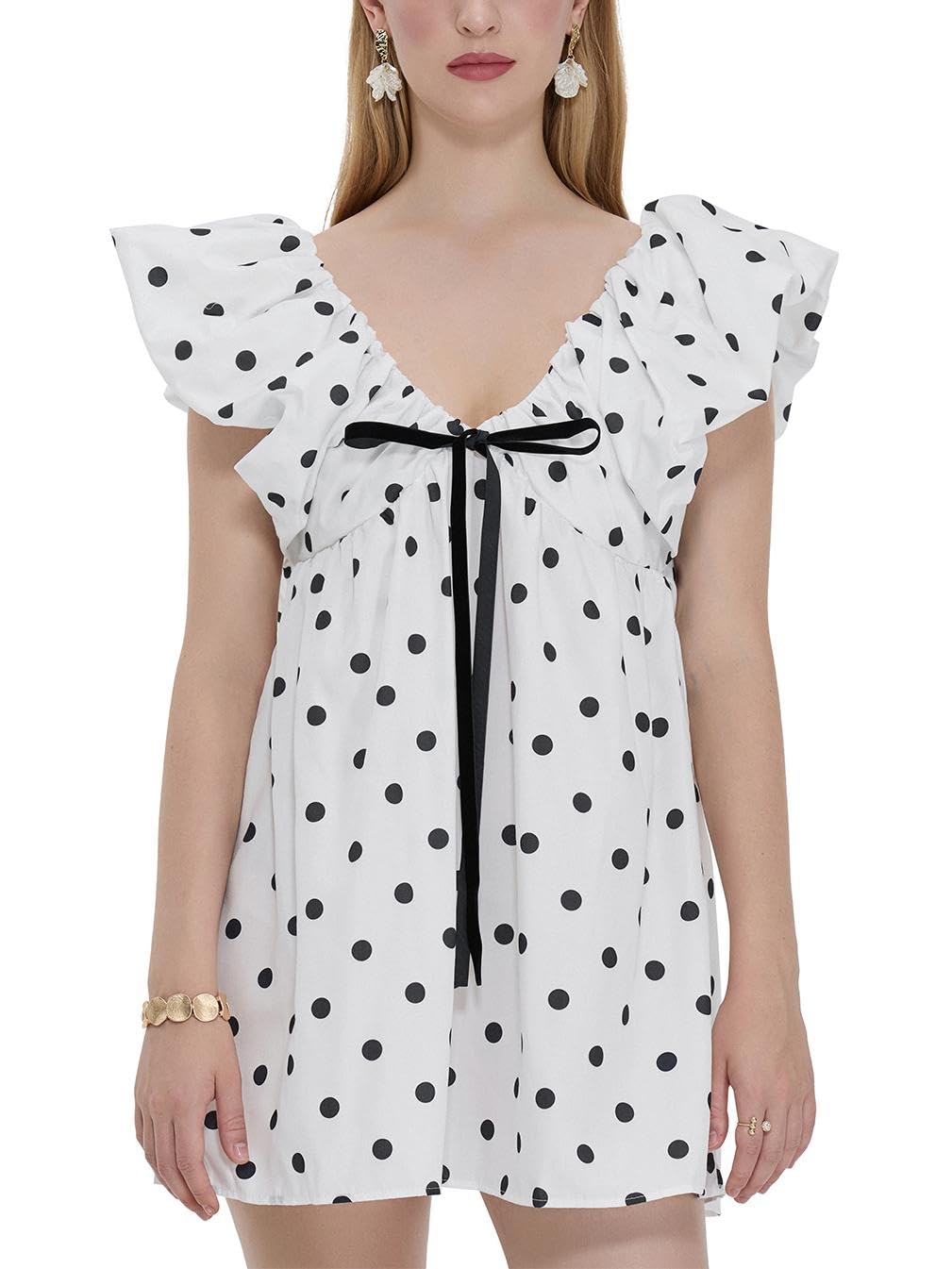 Sastianaen Women Y2k Floral Print Mini Dress Boho V Neck Puff Sleeve Short Dress Bow Tie Flowy Dress Beach Sundress