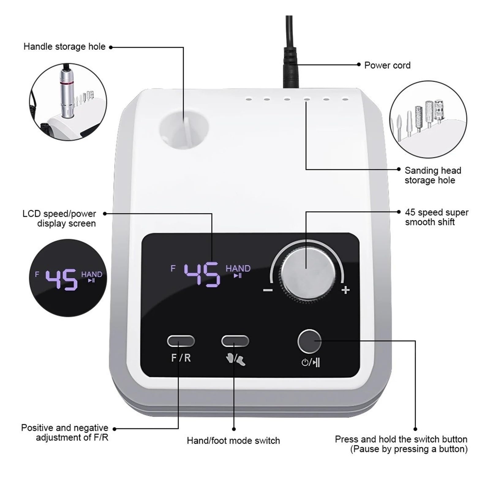 Trapano per unghie, Trapano elettrico per unghie da 45000 giri/min per display HD con lima elettrica per(White)