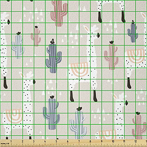 Image of Ambesonne Llama Fabric by The Yard, Pattern South American Animal Guanaco Cactus and Hand Drawn Childish Elements, Stretch Knit Fabric for Clothing Sewing and Arts Crafts, 1 Yard, Beige Coral