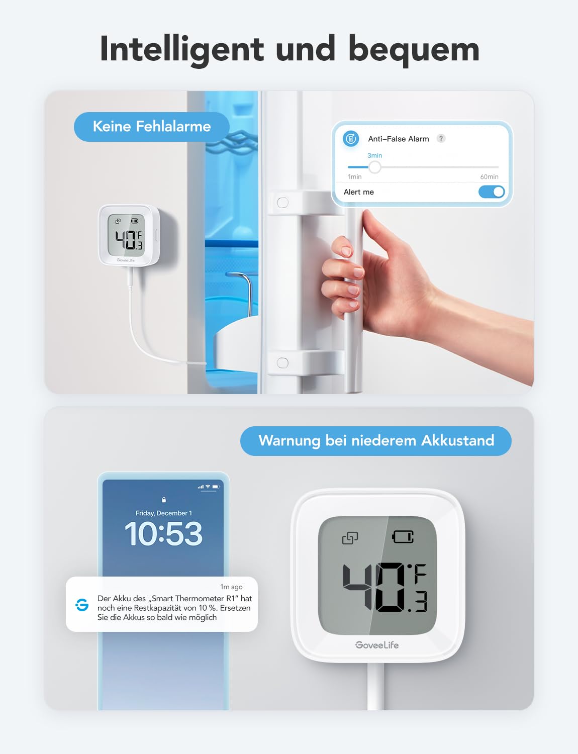 GoveeLife WLAN Kühlschrank Thermometer Digital mit Alarm, Kabellosem Funk Gefrierschrank Thermometer mit App, LCD-Display, 2 Jahre Datenexport, für Kühlschränke, Gefrierschränke, Aquarium