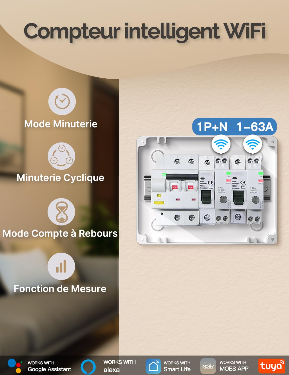 MOES Disjoncteur WIFI 1P+N Interrupteur Connecté | Fonction de mesure intelligente, contrôle DIY, commande vocale, minuterie, compatible Alexa/Google/Tuya