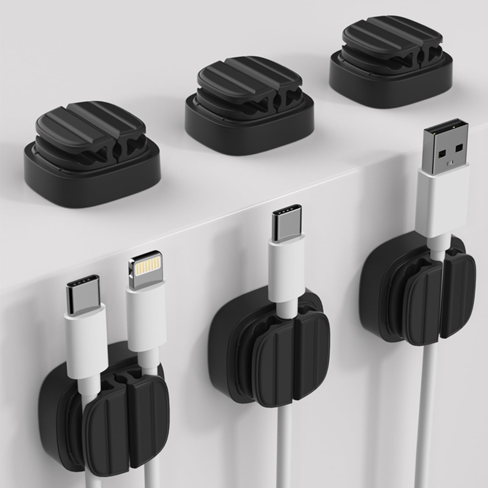 IFNOW 3-in-1 Cable Spring Holder Clips Black 6 Pack Self Adhesive Cord Holder Under Desk Cable Management for Home,Office,Car,Desk,Nightstand
