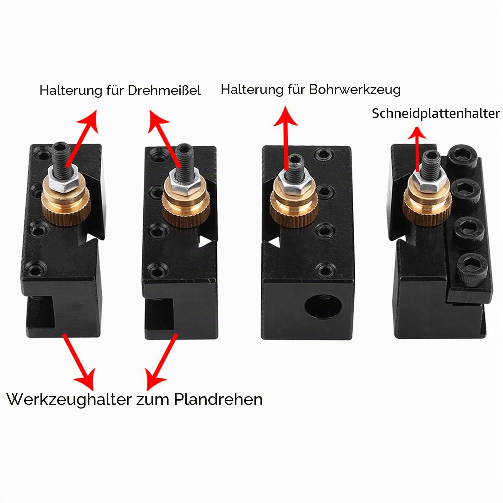 Schnellwechsel-Werkzeughalter- und Haltersatz für Mini-Drehmaschinen aus Aluminiumlegierung, 4 Fräserhalter, Hohe Präzision, Breite Aufnahme für Zylindrisches Drehen, Rändeln