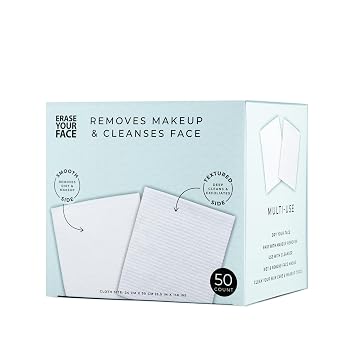 ERASE YOUR FACE Disposable Face Towels for Makeup Removal - Biodegradable Facial Wipes for Sensitive Skin, Cleansing Face Wipes for Women, Travel Makeup Remover Cleansing Towelettes, Blue 50 Count
