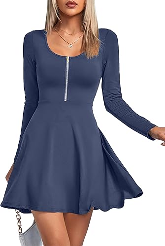 Umenlele Women's Scoop Neck Long Sleeve Dresses Casual Flowy Swing Mini Short Wr