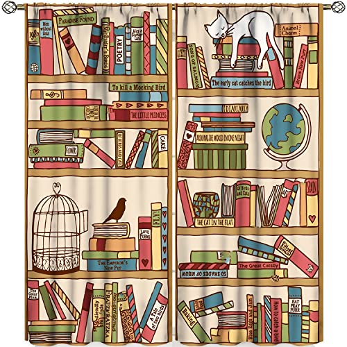 Bookshelf Blackout Curtains, Nerd Book Lover Hand Drawn Bookshelf with Sleeping Cat Design Window Drapes for Kids Boys Girls Living Room Bedroom Decor Room Darkening, Noise Reducing 42x45in