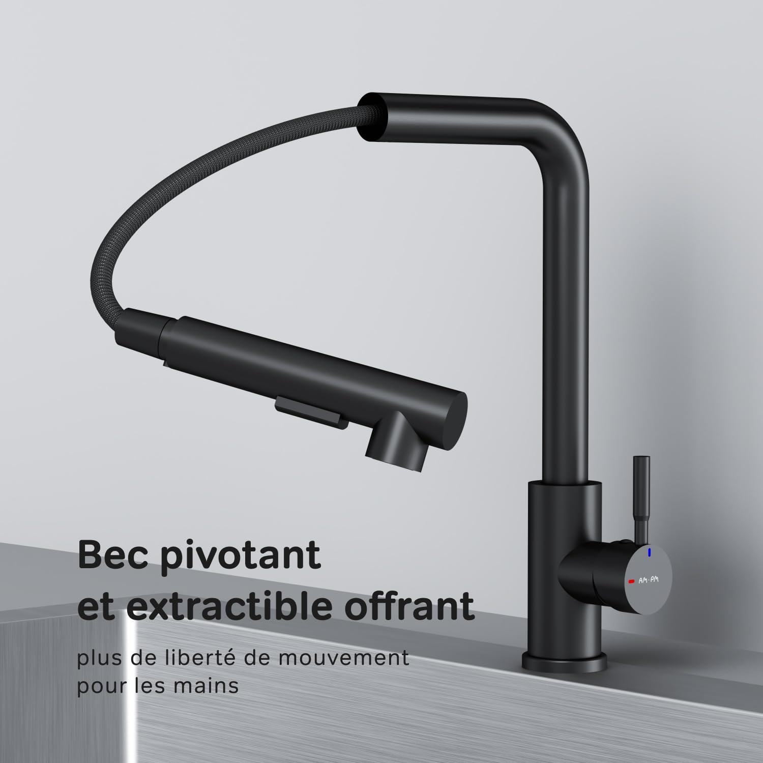 AM.PM X-Joy S Mitigeur de cuisine à bec extractible, Robinet de Cuisine Noir, Bec en Forme de L, Mitigeur de Cuisine en Acier Inoxydable