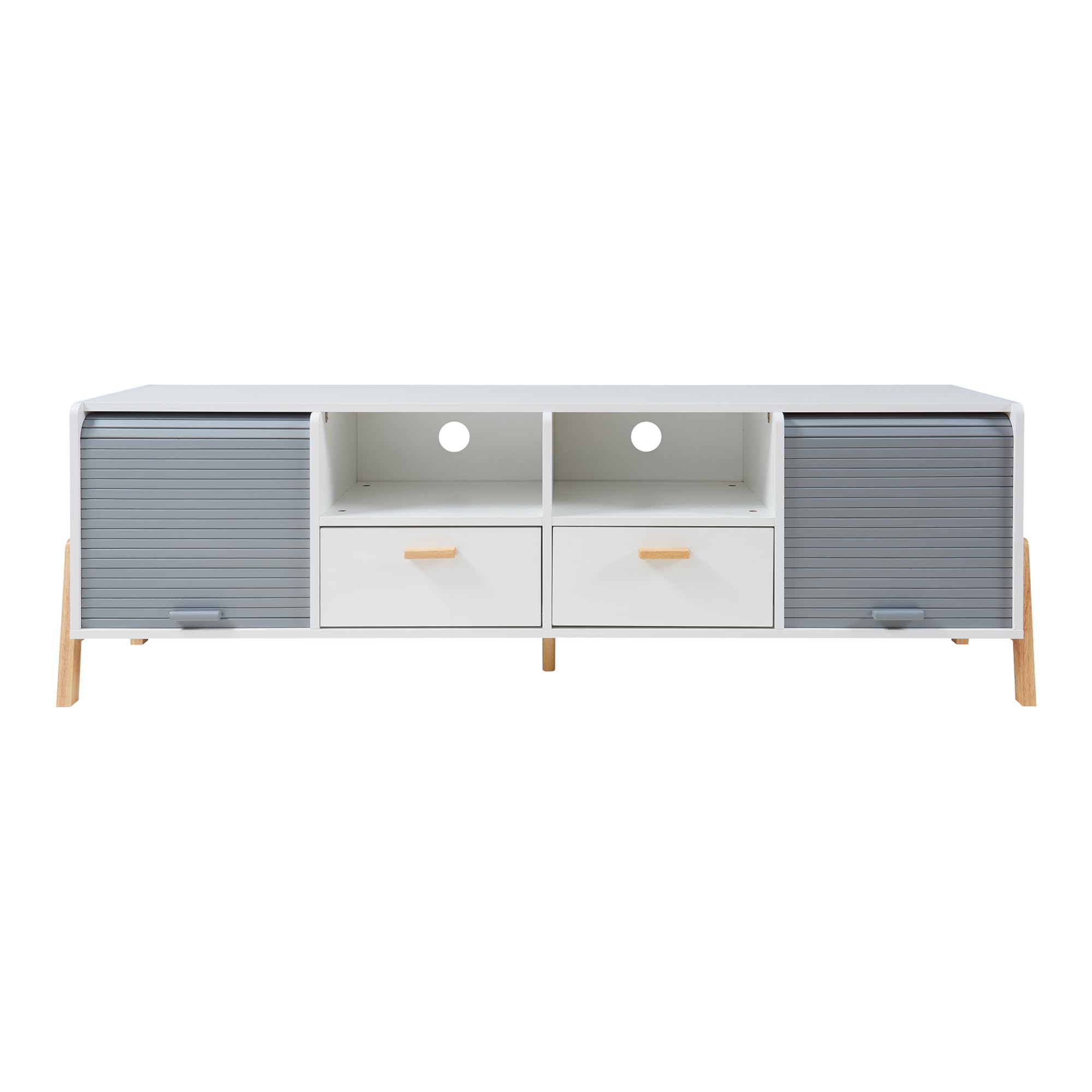 [en.casa] TV Schrank Kvaefjord Lowboard mit 2 Schubladen und 2 Jalousietüren Fernsehschrank 160 x 40 x 52 cm TV Board Fernsehtisch Weiß/Grau