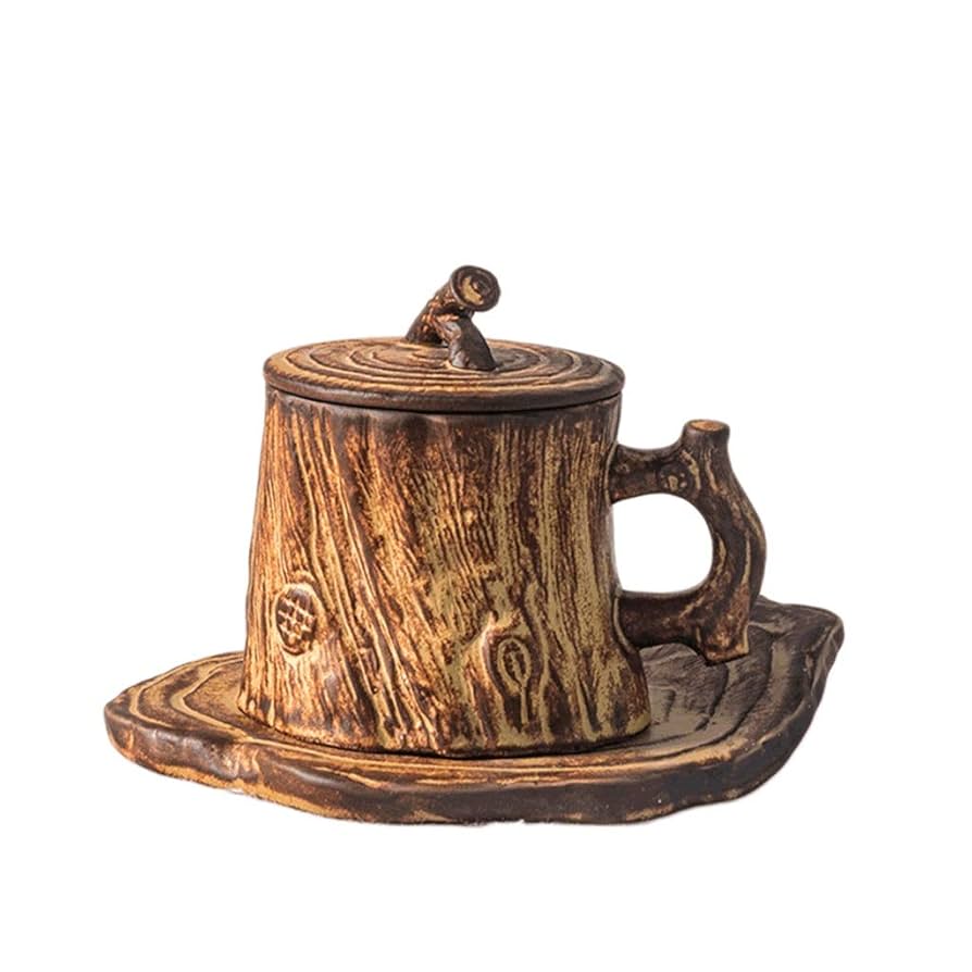 Amazon | 木の切り株の形のコーヒーカップの受け皿とスプーン