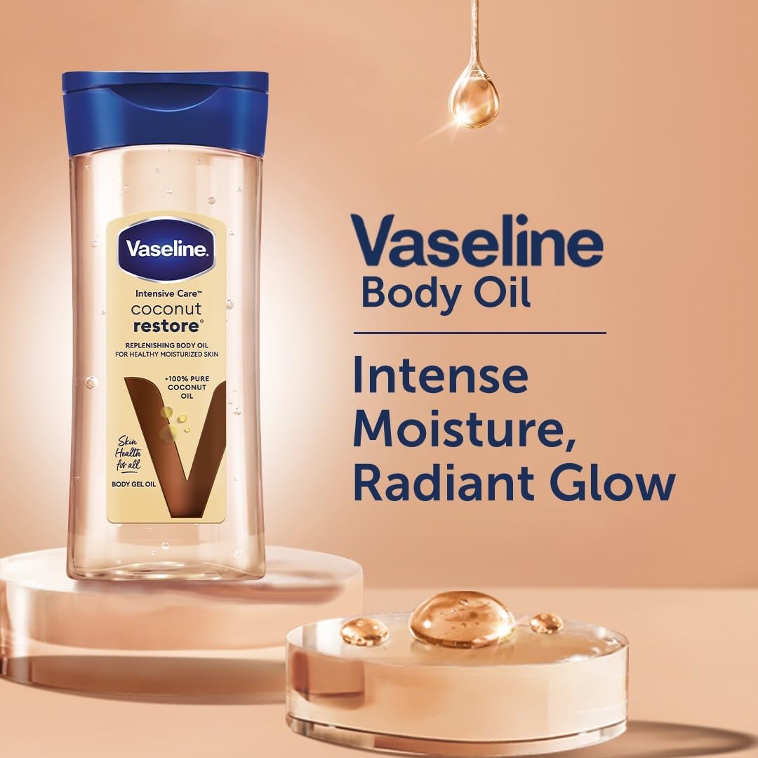 Olio corpo Vaseline Intensive Care Coconut Restore per una pelle sana e idratata. Gel corpo rigenerante a base di olio di cocco puro al 100%, (1 x 200ml)