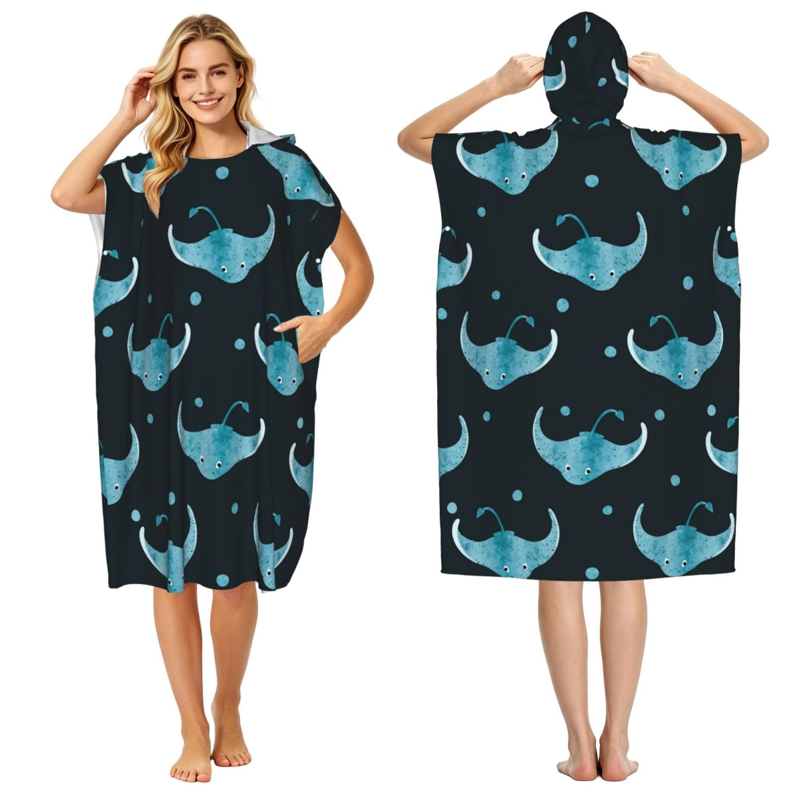 Poadnly Stingray Fish Pattern, Adult Hooded Beach Towel 90 x 110 cm,Changing Bath Robe, Surf Poncho Towel For Women Men