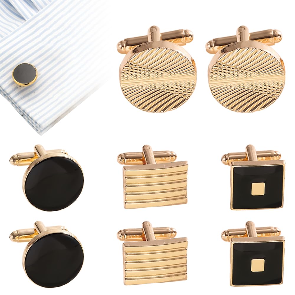 Set 4 Paia Gemelli Da Uomo In Lega Di Zinco - Nero E Argento, Rotondi E Quadrati - Per Matrimoni E Ufficio - 3