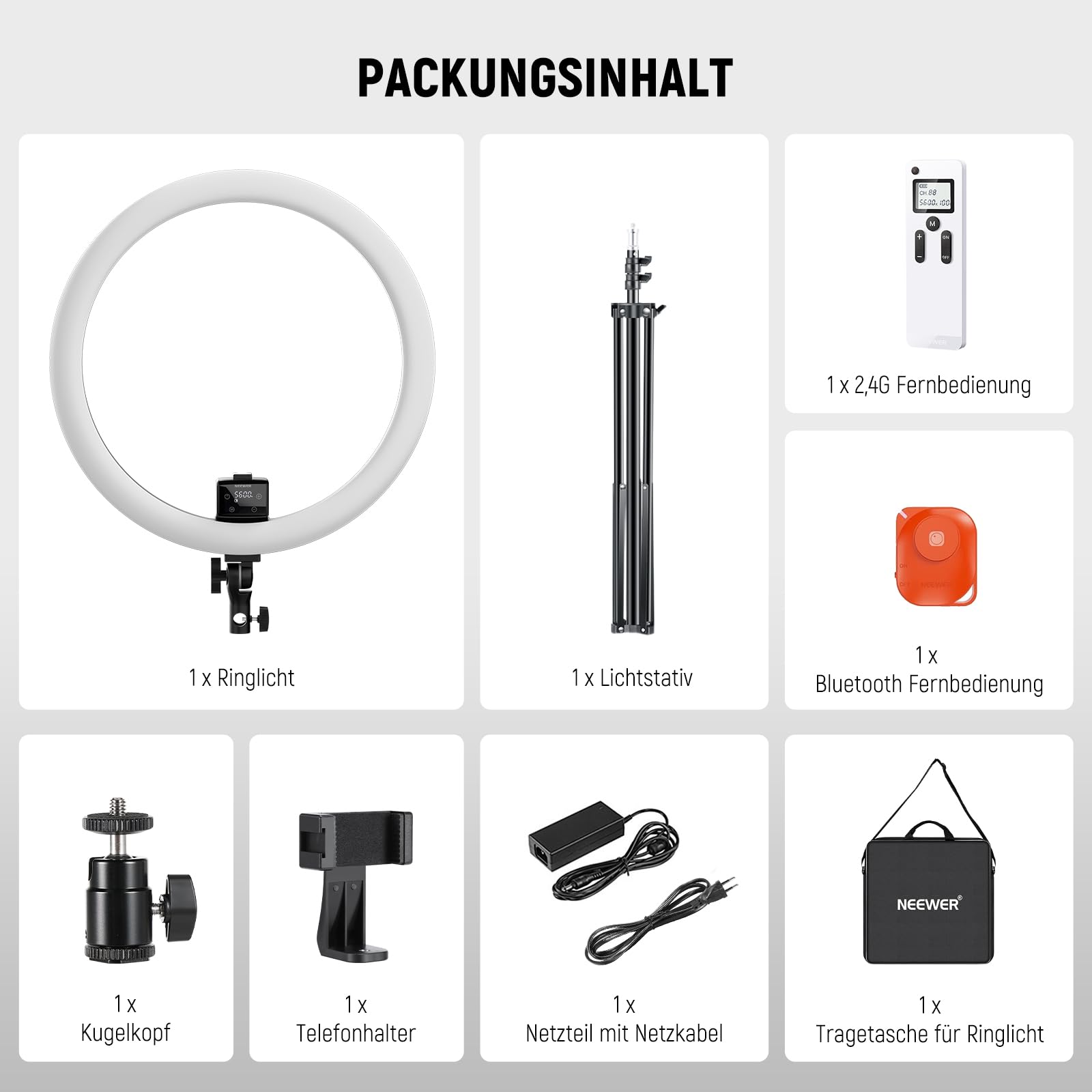 NEEWER Ringlicht SRP18-2,4G 18 Zoll LED mit Ständer und Telefonhalter, 2,4G & Manual Touch Control Professional Ringlicht, 42W 3200-5600K für Tattoo Wimpern Friseur Fotografie Beleuchtung,(Schwarz)