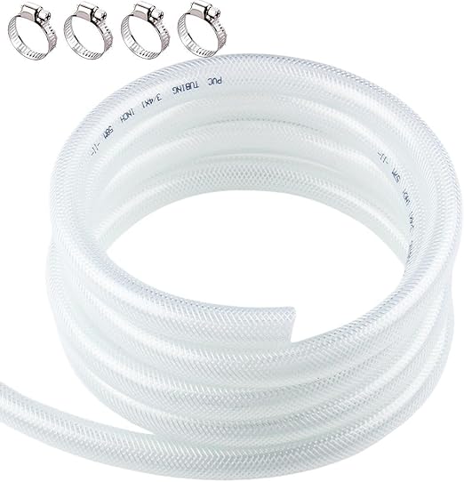 3/4" ID x 1" OD High Pressure Braided PVC Tubing - 10 ft Clear Flexible Vinyl Tubing with 4 Stainless Clamps, Heavy Duty Reinforced Vinyl Hose for Transfer Water Air Oil.
