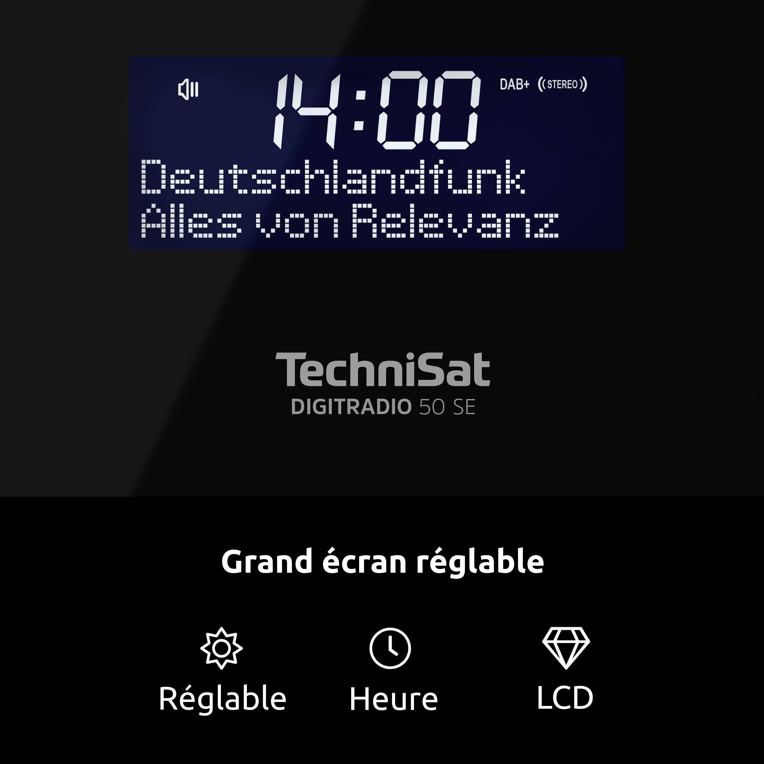 TechniSat DIGITRADIO 50 SE - Radio-réveil (DAB+/FM, écran à intensité variable, réveil avec deux heures de réveil réglables, snooze, minuterie de sommeil, 1,5 W, prise casque, charge USB) Noir