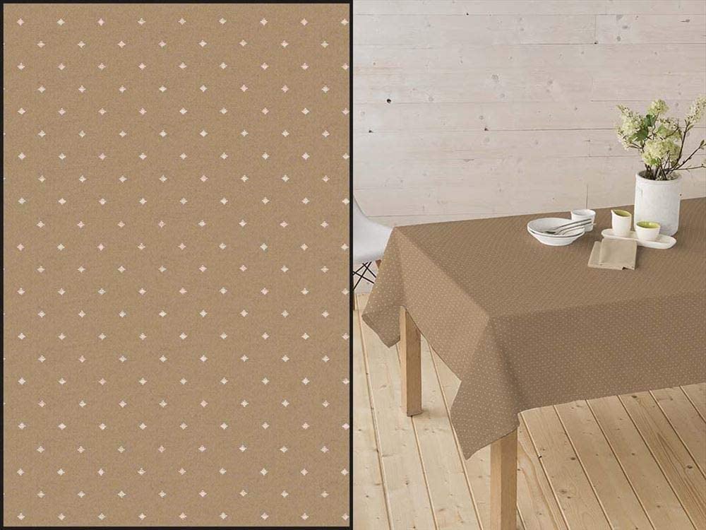 Mantel Tela Resinada Antimanchas. Apariencia Mantelería Tela. Estampado Rombo Diamante Jacquard sobre Beig. para Mesa Grande (160_x_325_cm)