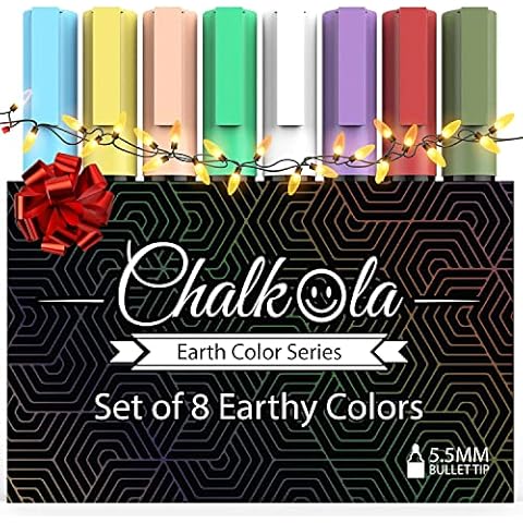 Chalk Pens - Pack of 8 Earth Colour Markers - Use on Whiteboard, Chalkboard, Window, Blackboard, Bistros Glass - 6mm Reversible Bullet & Chisel Tip Cover
