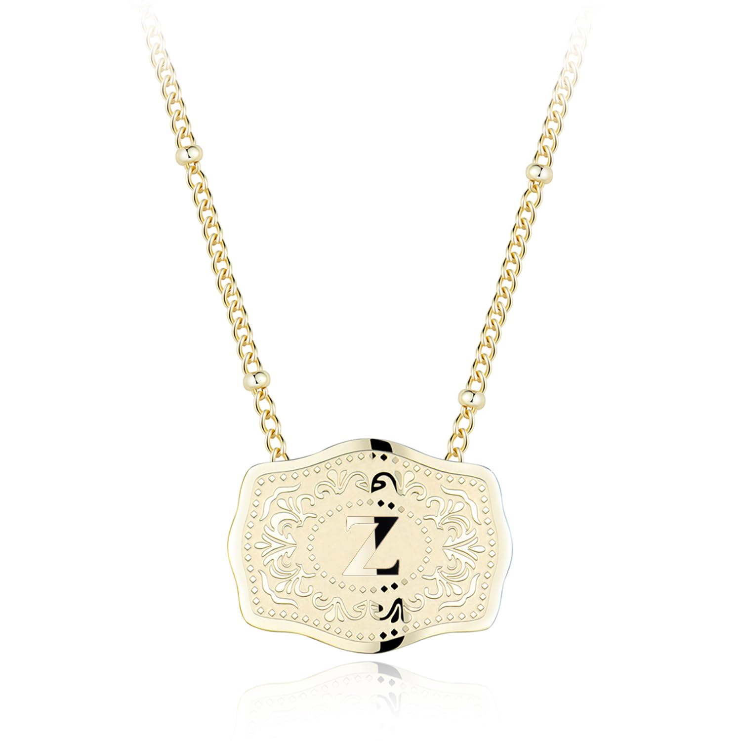 14K Gold-Plated Initial Letter Pendant Necklace with Embossed Belt Buckle, Buy 1 Get 2 Chains, Personalized Necklace for Women and Men