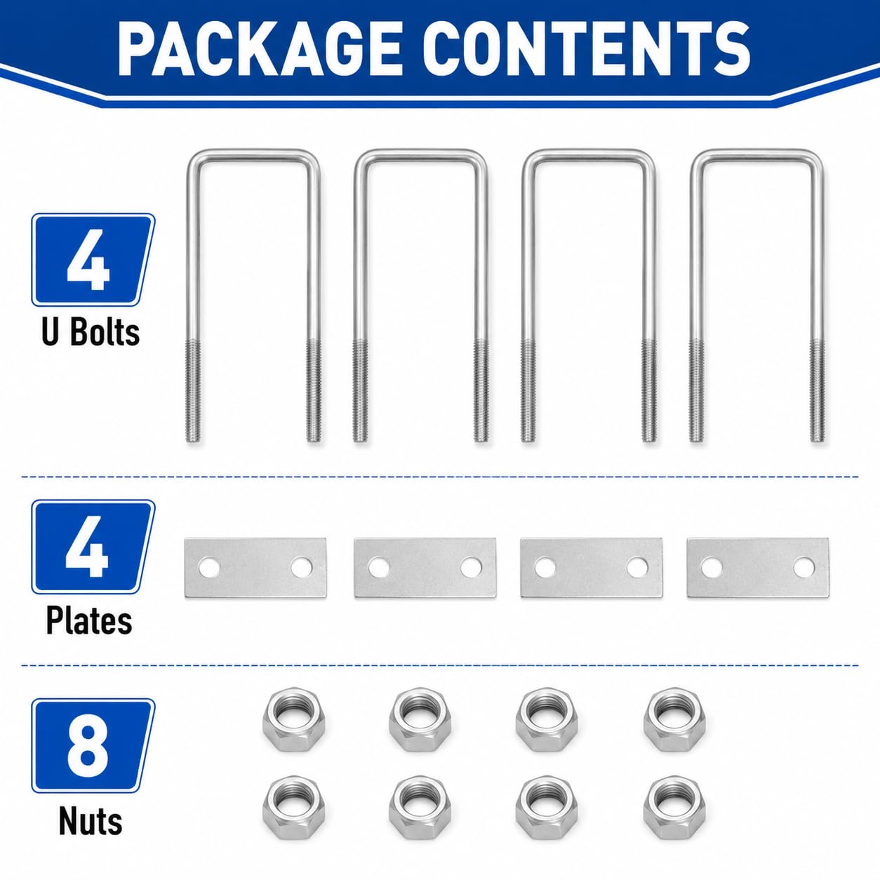 4Pack 3/8 in x 4 in x 7 in Square U-Bolts Stainless Steel with Plates Nuts Flat Washers M10 Round for Car, RV, Trailer, Bumper, Boat