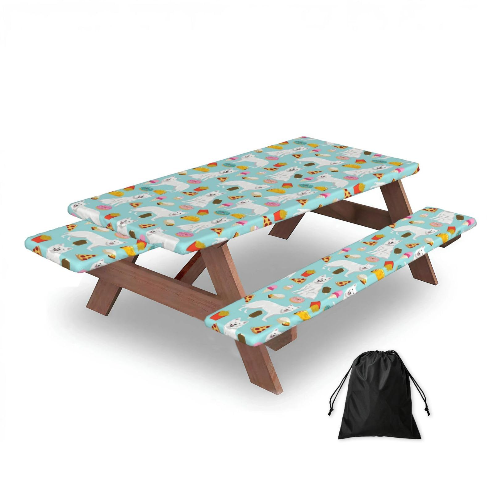Dopklna As Picture White German Shepherd, Picnic Table Cover With Bench Covers -Waterproof Elastic Fitted Tablecloth For Garden Camping Patio 76X152cm