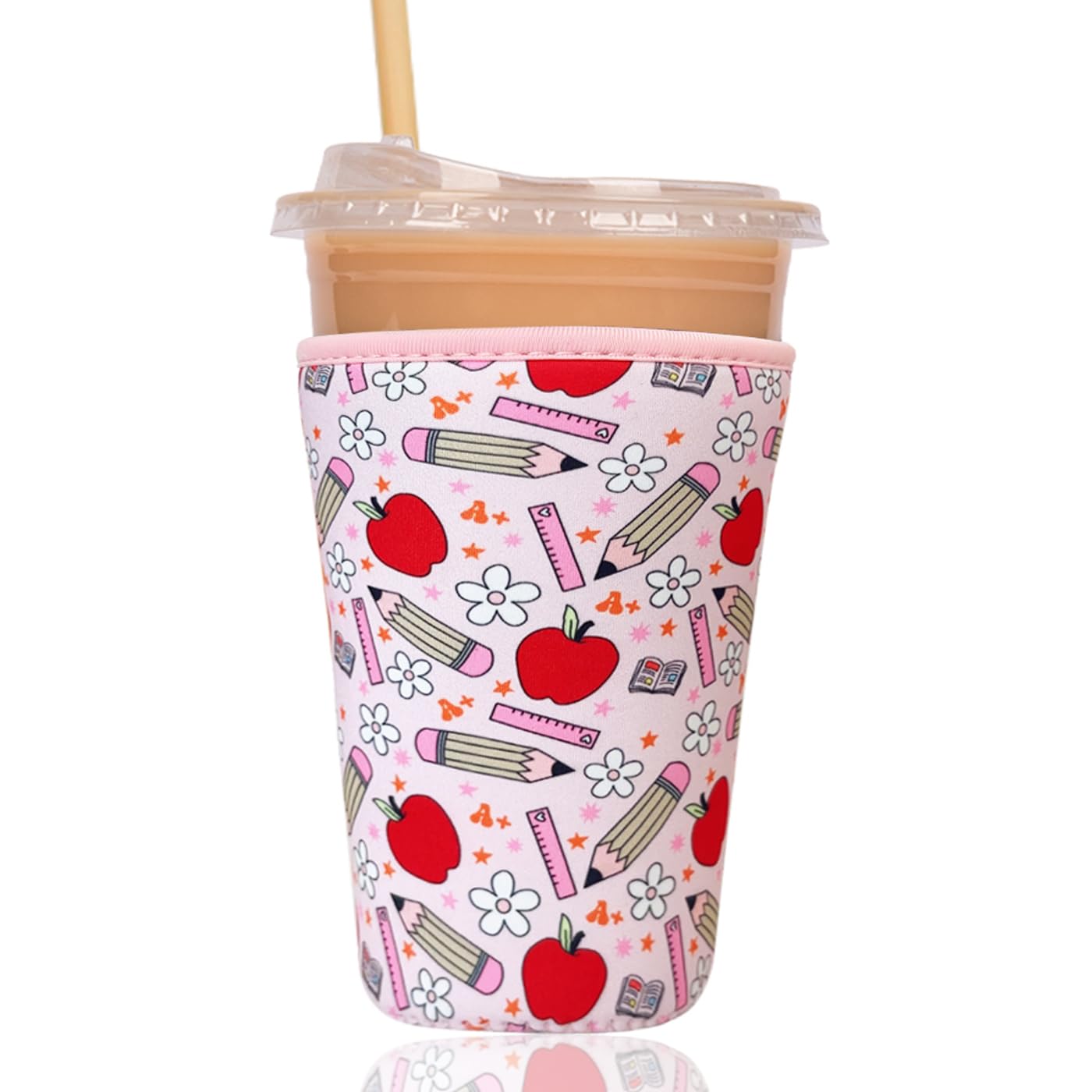 Reusable Insulated Sleeve for Iced Coffee Cup, Coffee Neoprene Sleeve for Cold &amp; Hot Drinks, Beverage Holder for Iced Coffee (Teacher Treasure, Large: 32oz)