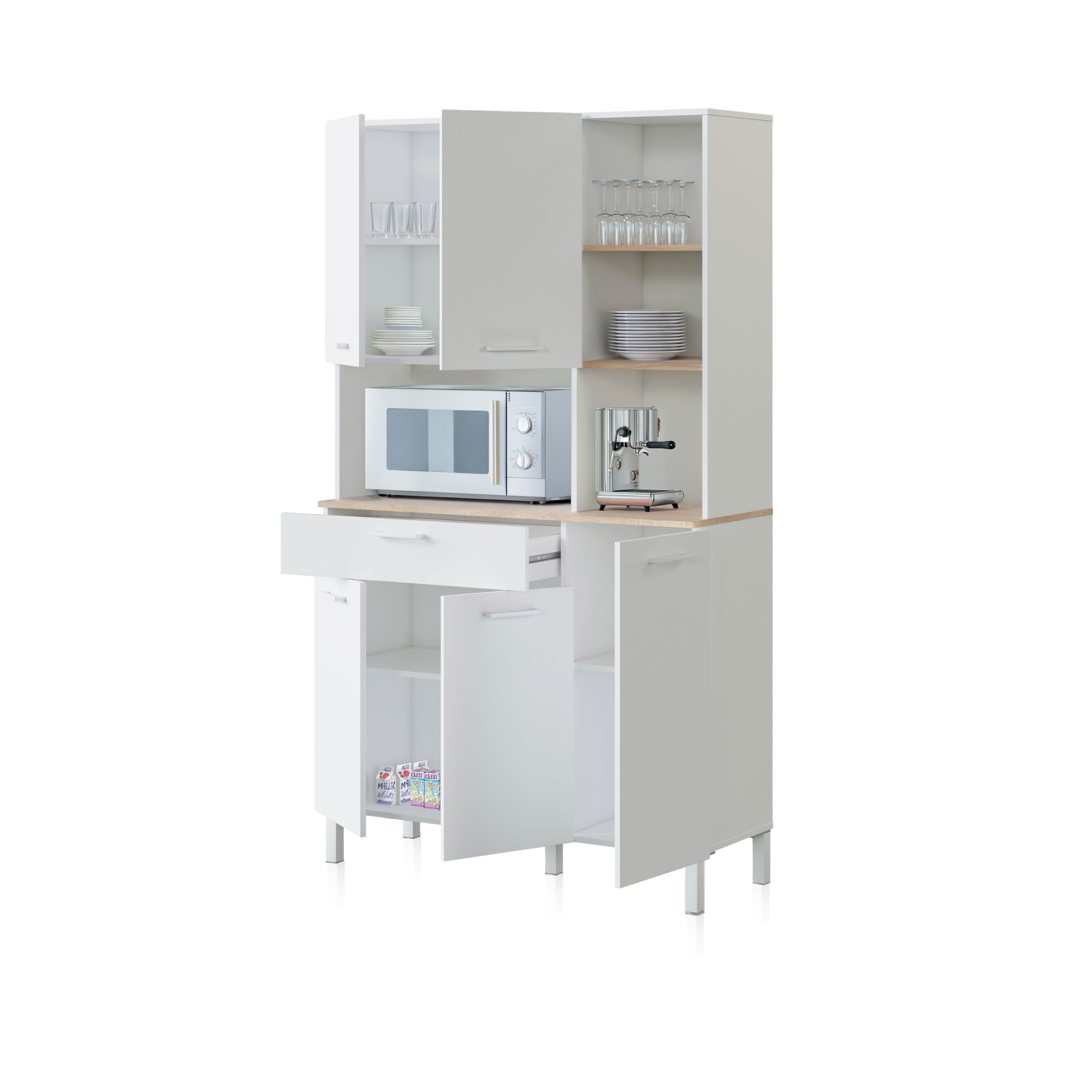 duehome | Alacena de Cocina, Mueble Auxiliar 5 Puertas + 1 Cajon y Estante Interior, Modelo Colin, Acabado en Blanco Artik y Roble Canadian, Medidas: 108 cm (Ancho) x 186 cm (Alto) x 40 cm (Fondo)