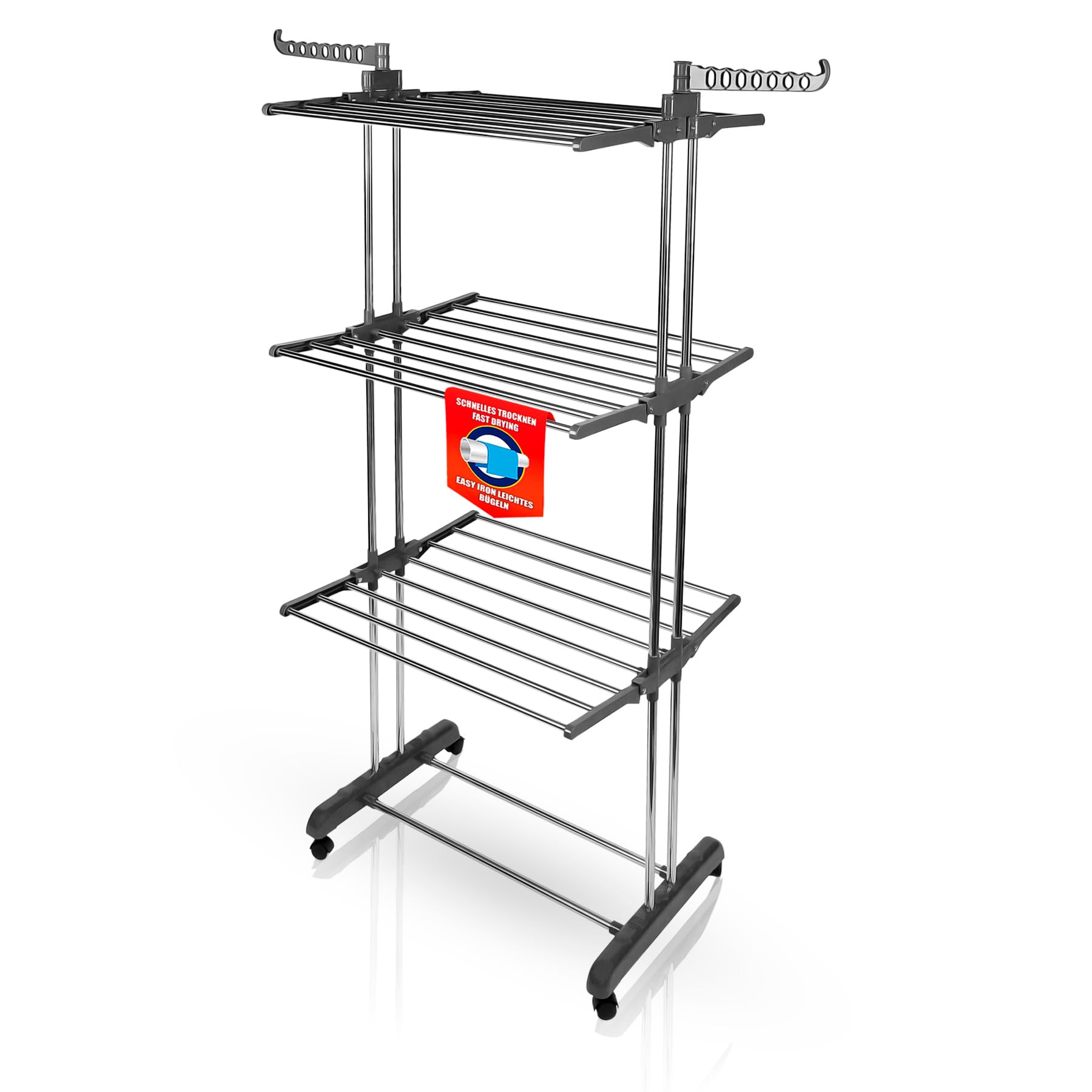 BigDean Wäscheständer Turm 16m Trockenlänge, 3 Ebenen, 4 Rollen, Grau