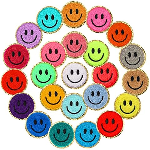 Juinte 24 Pcs Smile Face Patch Iron on Patches 2 Inch Chenille Cute Preppy Happy Face Patches Glitter Heat Sequins Applique for Backpacks Hats Clothes Jackets Decorative DIY Craft Cover