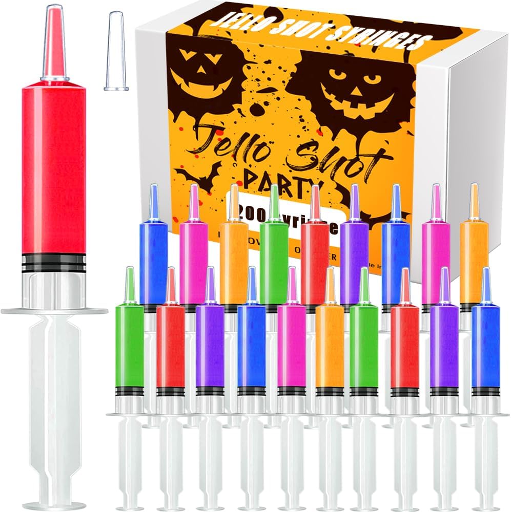 200 Pack Syringes with Tip Cap, 20ml Party Liquid Syringe BPA-Free Suringes for Jello Shot, Halloween, Thanksgiving, Christmas, Bachelorette Parties, Nurses, Graduation Party 20mL 200