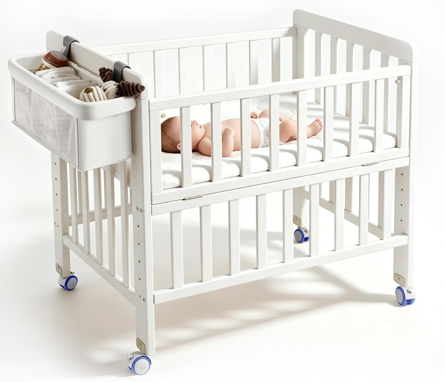 Wood Baby Bassinets Bedside Sleeper, Portable 6 Heights Baby Bassinet with Breathable Mattress, Space-Saving Design Baby Crib with Storage Basket, Mini Crib with Wheels for Newborn 0-12 Months, White