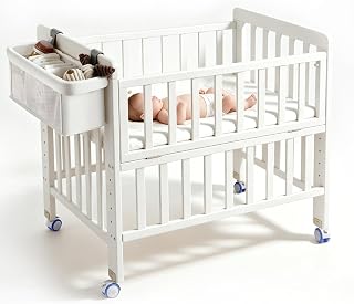 Wood Baby Bassinets Bedside Sleeper, Portable 6 Heights Baby Bassinet with Breathable Mattress, Space-Saving Design Baby Crib with Storage Basket, Mini Crib with Wheels for Newborn 0-12 Months, White