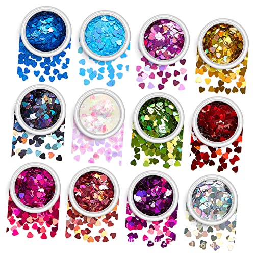 Ipetboom Heart Nail Glitter Flakes for Nails Art Decoration Shimmering Heart Sequins for Manicure Body Art and Crafting for Valentine Day Parties and Special