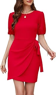 Women's Summer Mini Dresses 2025 Spring Puff Sleeve Tie Waist Faux Wrap Slim Fit Night Out Party Bodycon Dress - Buy now