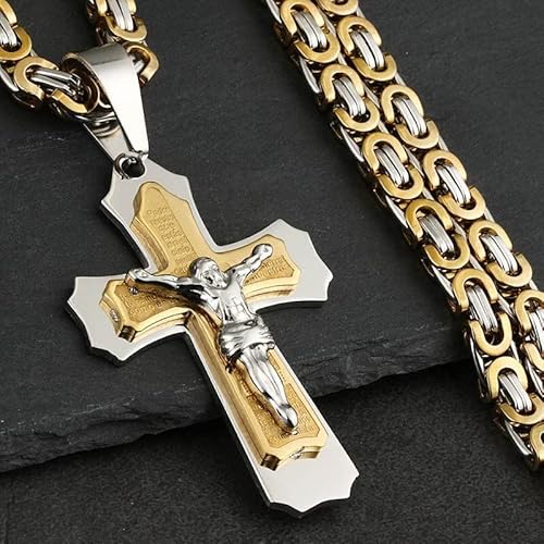 HUVANS - Jesus Crucifixion Cross Necklace for Men Women Gold Silver Black Color Stainless Steel Byzanine Chain Crucifix Pendant (Silver Gold)