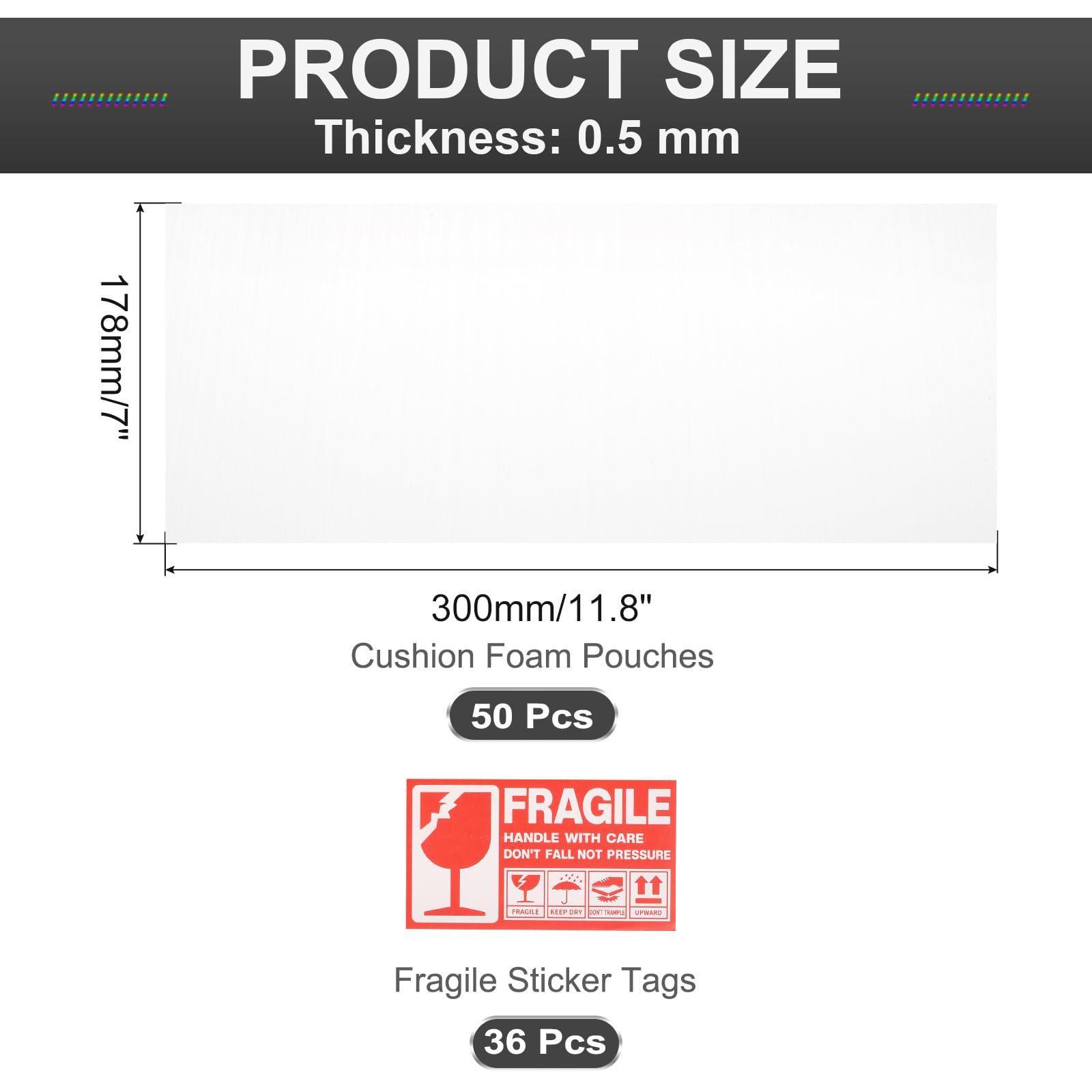 sourcing map Schaumstoff-Verpackungsbeutel, 50 Stück, 17,8 x 30,6 cm, Luftpolstertaschen, Schaumstoff-Verpackungszubehör, weiß, mit 36 zerbrechlichen Etiketten für Geschirr, Möbel, Gläser, Tassen,