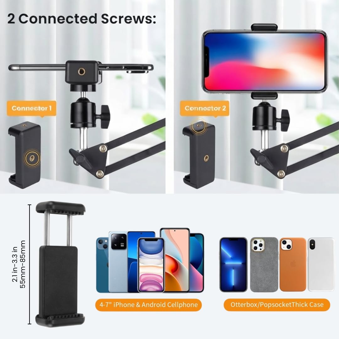 Elfora Adjustable Overhead Mobile Phone Holder with Long Arm for Video Recording, Streaming, Office Use, Cooking, Crafting Videos Compatible with Devices Up to 4-7 Inches (Black) — Amazon image 6